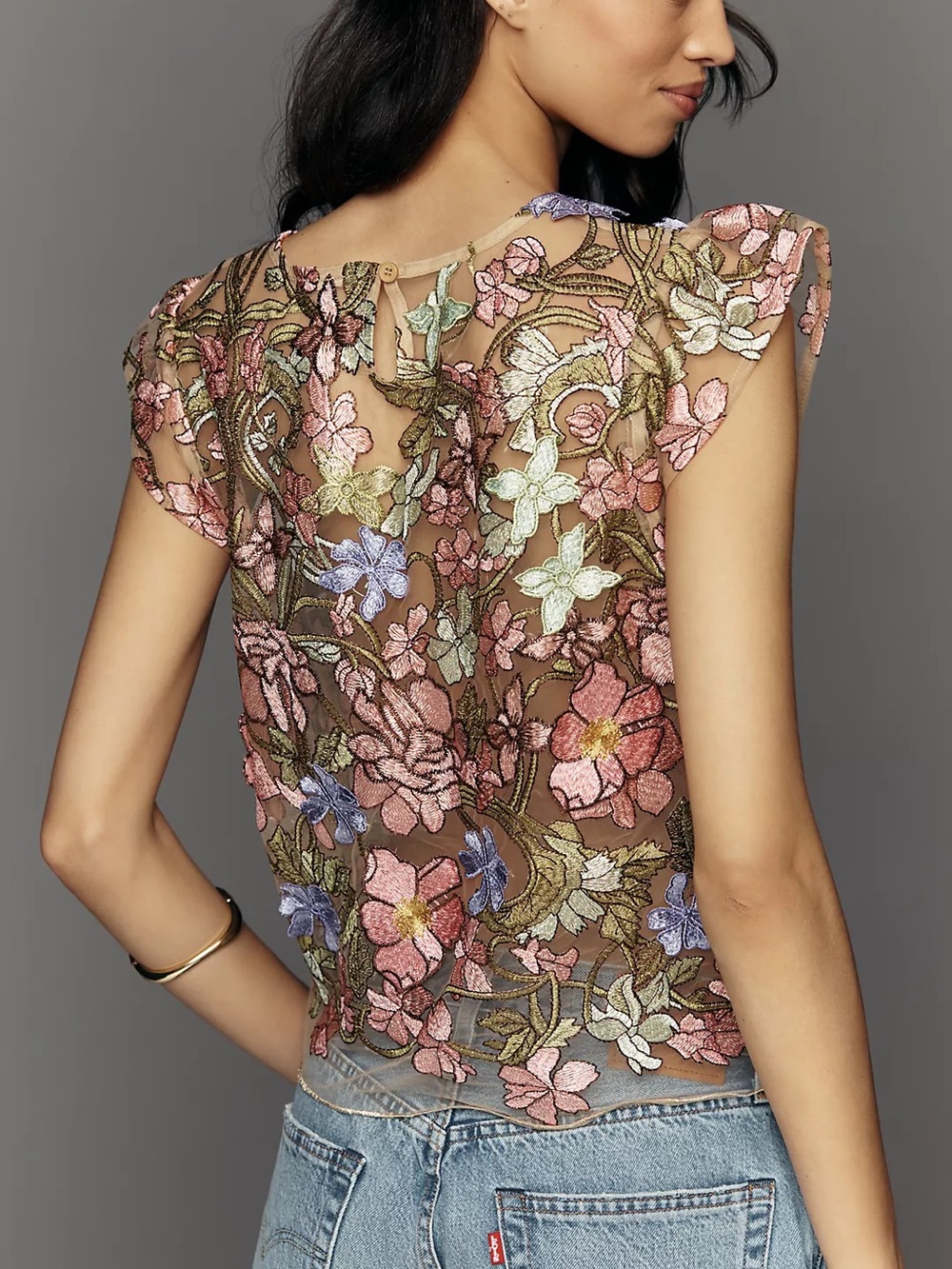 Anthropologie Sheer Floral Embroidered Cap-Sleeve Blouse in Pink and Green - Picture 4 of 4